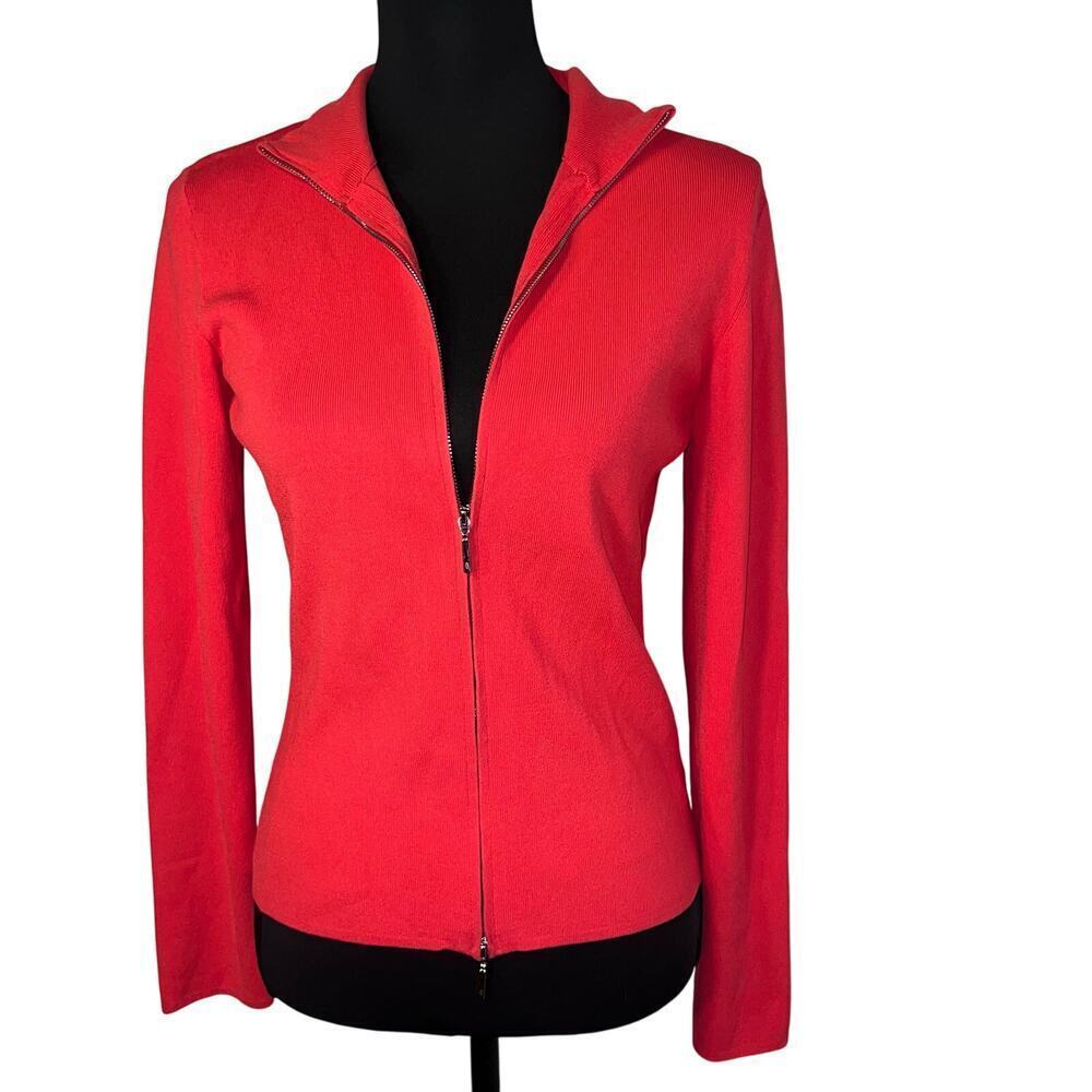 Essendi‎ deep coral Women Sz 2 ribbed mock stretch double zip thin cardigan